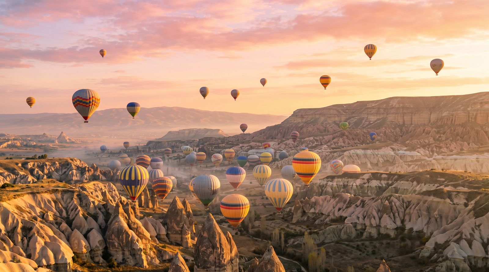 Colorful hot-air balloons over Cappadocia's fairy-chimney valleys at sunrise