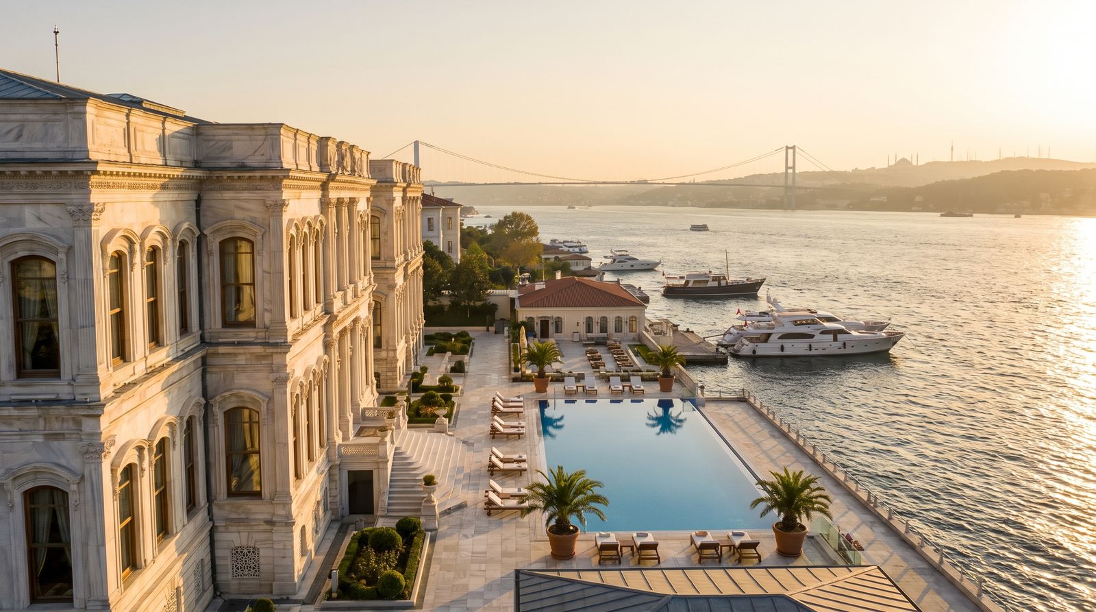 An Ottoman palace hotel on the Bosphorus with an infinity pool at golden hour