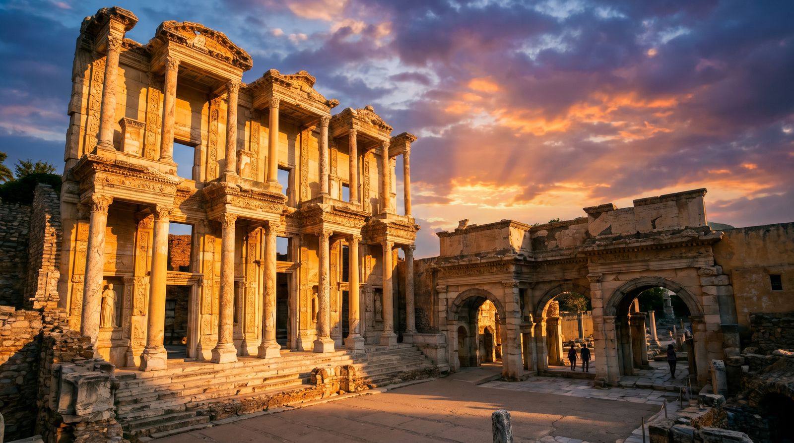 The Library of Celsus at Ephesus glowing in golden evening light