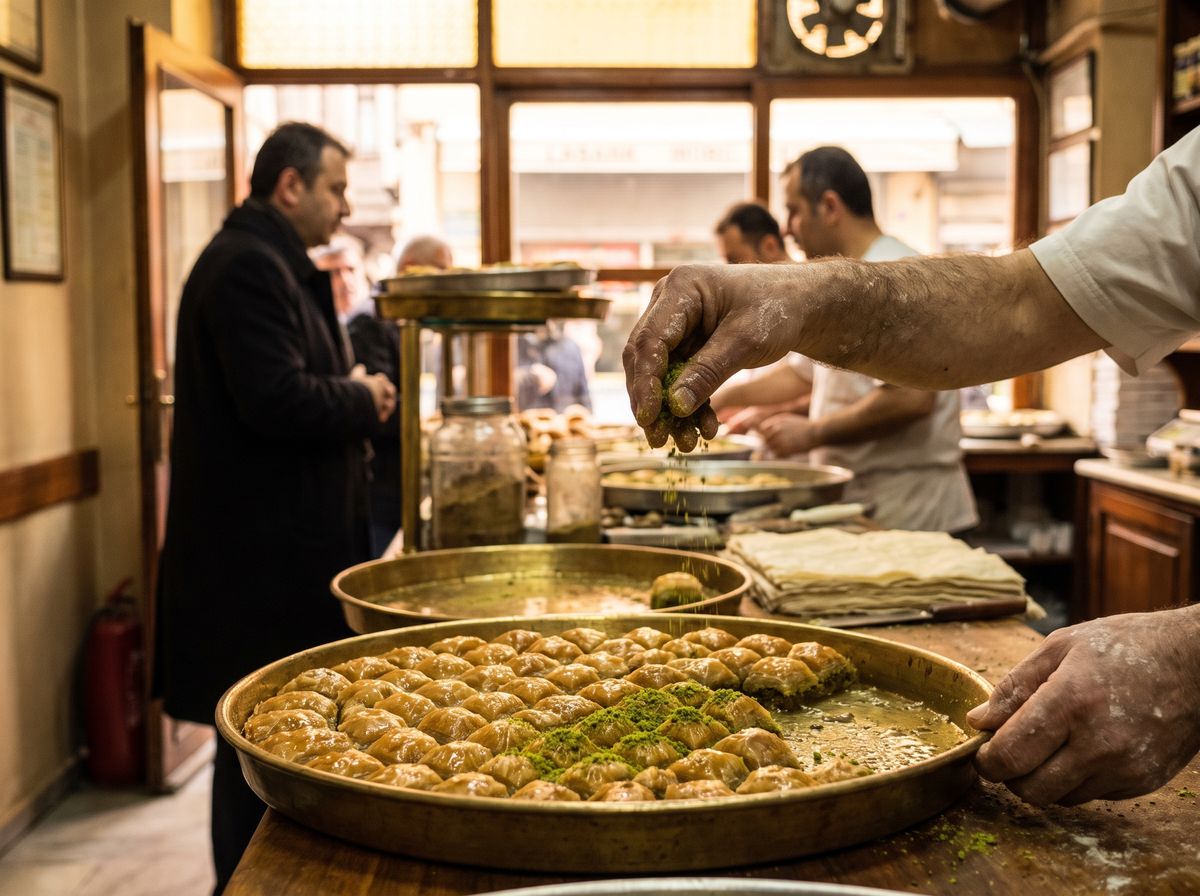 Tray of pistachio baklava with a glossy syrup sheen at a historic Karaköy pastry shop in Istanbul