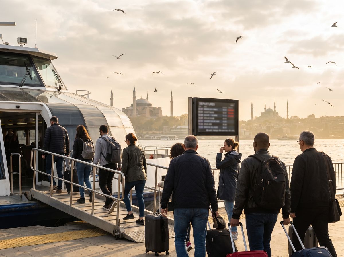 Traveler with a rolling suitcase boarding the red T1 tram at Sultanahmet station in Istanbul at golden hour