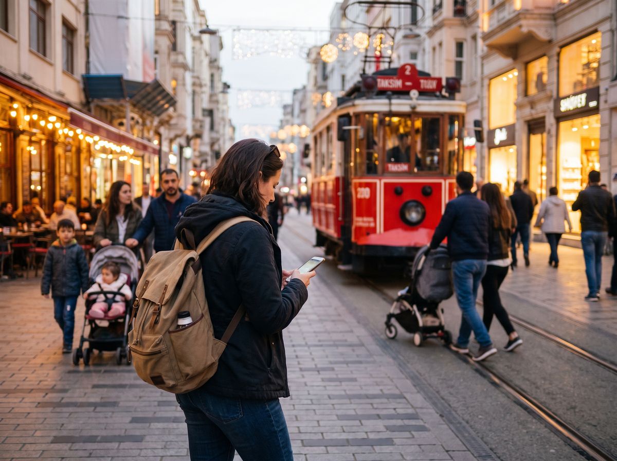 Evening crowd walking along Istiklal Avenue in Istanbul with the historic red tram passing, shopfronts lit and families strolling safely