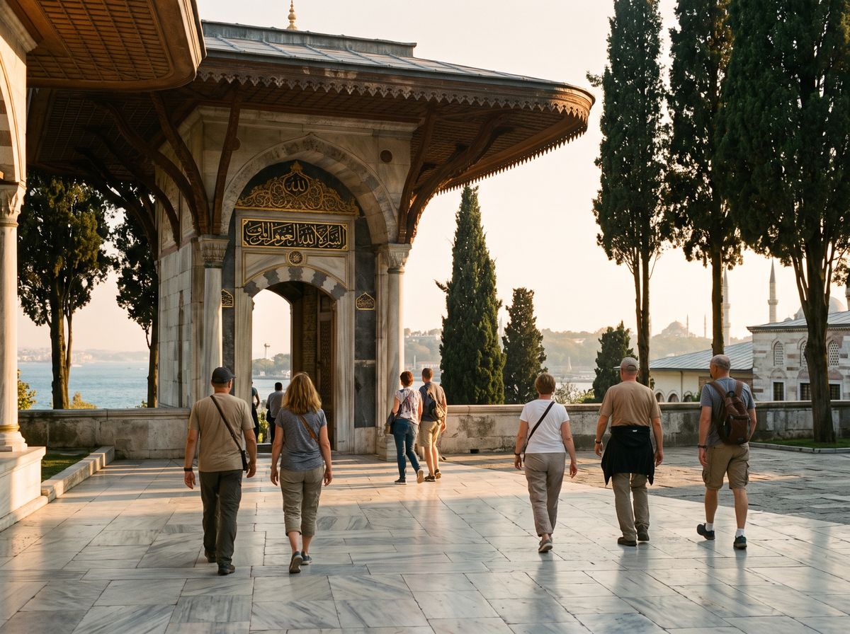 Visitors crossing a sunlit marble courtyard of Topkapi Palace in Istanbul, framed by Ottoman domes and arcades with the Bosphorus in the background