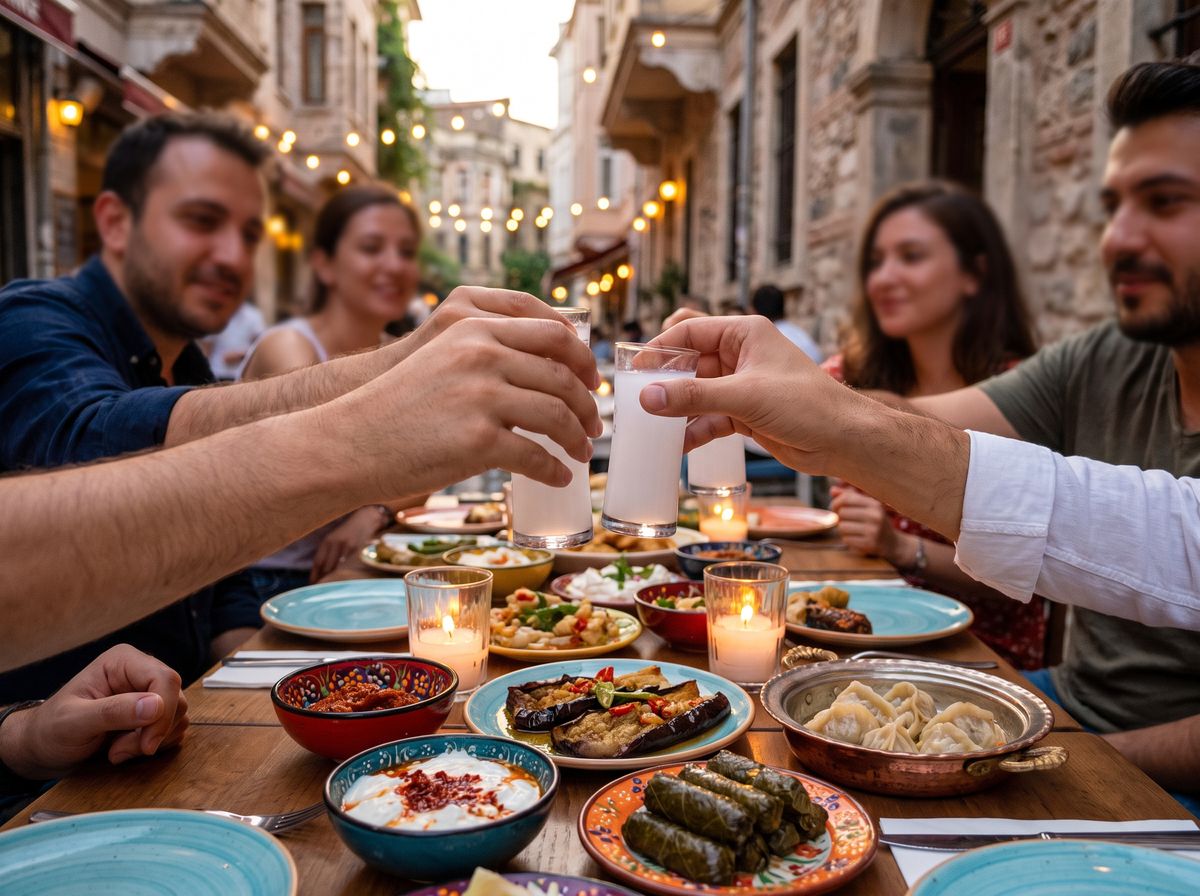 Meze plates, fresh bread, and glasses of cloudy raki on a meyhane table in Istanbul at dusk