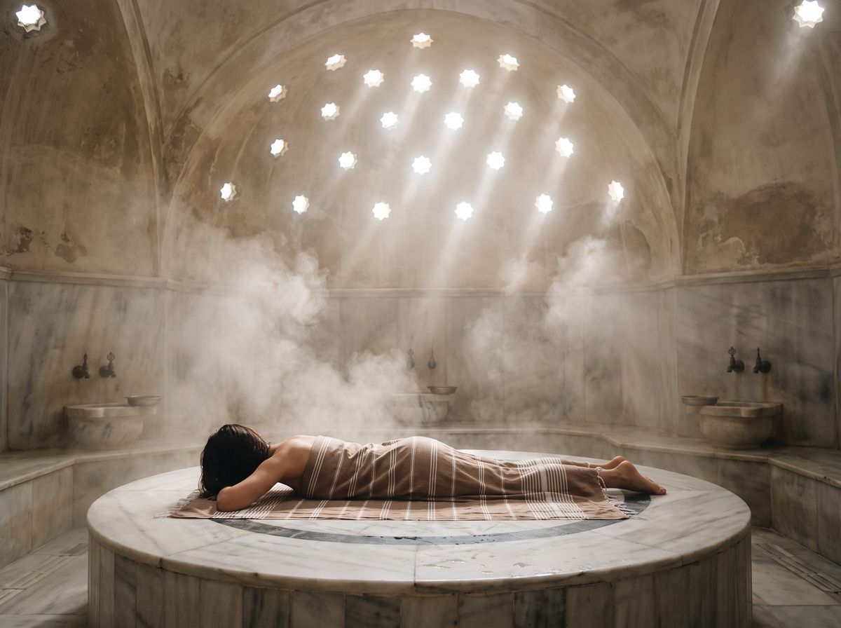 Bather wrapped in a peştemal cotton towel resting on the heated göbek taşı marble platform beneath the domed skylights of a historic Istanbul hamam