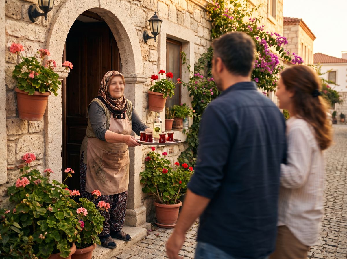 A host pours Turkish çay from a stacked double teapot into tulip-shaped glasses for guests seated on a carpeted terrace.
