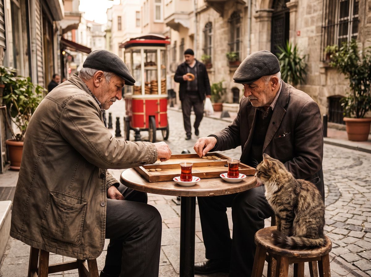 A simit seller's red cart at sunrise on an Istanbul waterfront, with commuters holding tulip-shaped tea glasses and a street cat sitting nearby