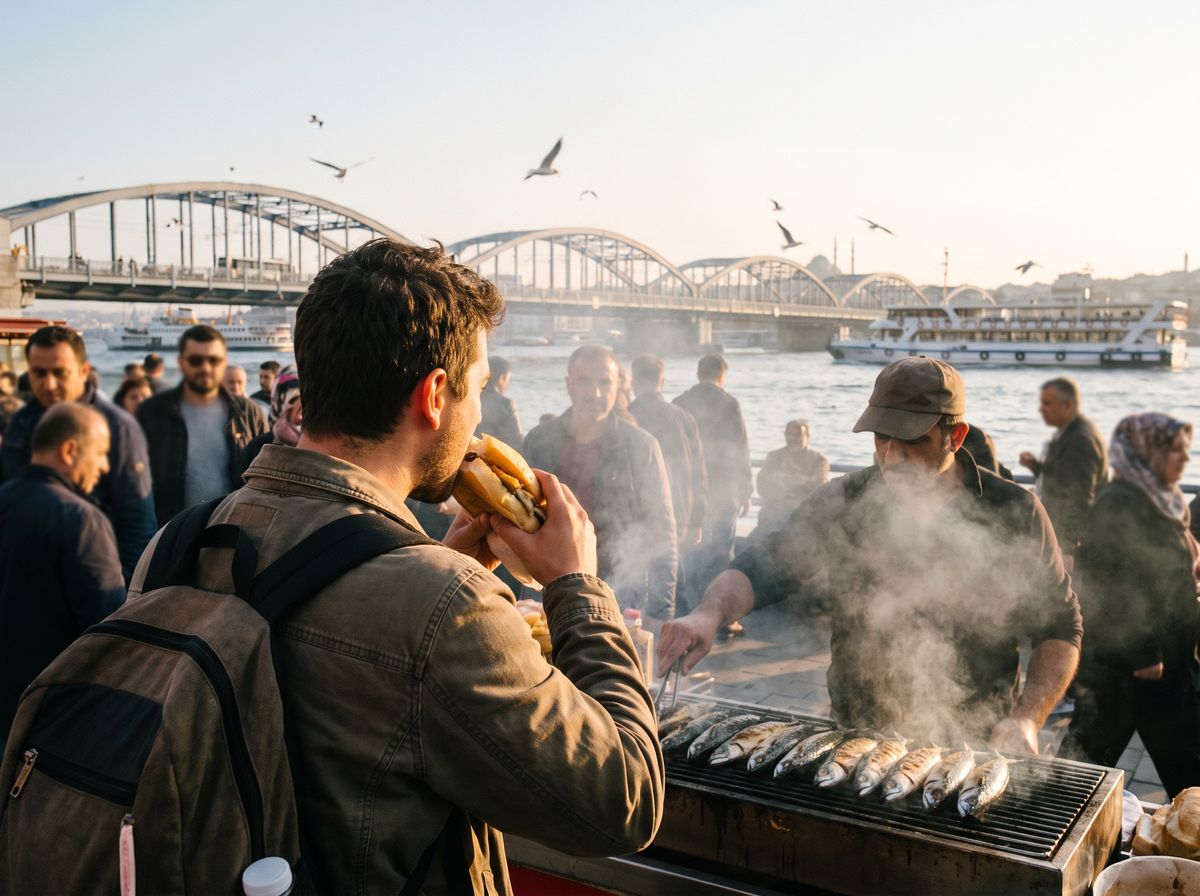 Vendor grilling mackerel for balık ekmek sandwiches beside the Galata Bridge at Eminönü, Istanbul, with customers queuing at the waterfront