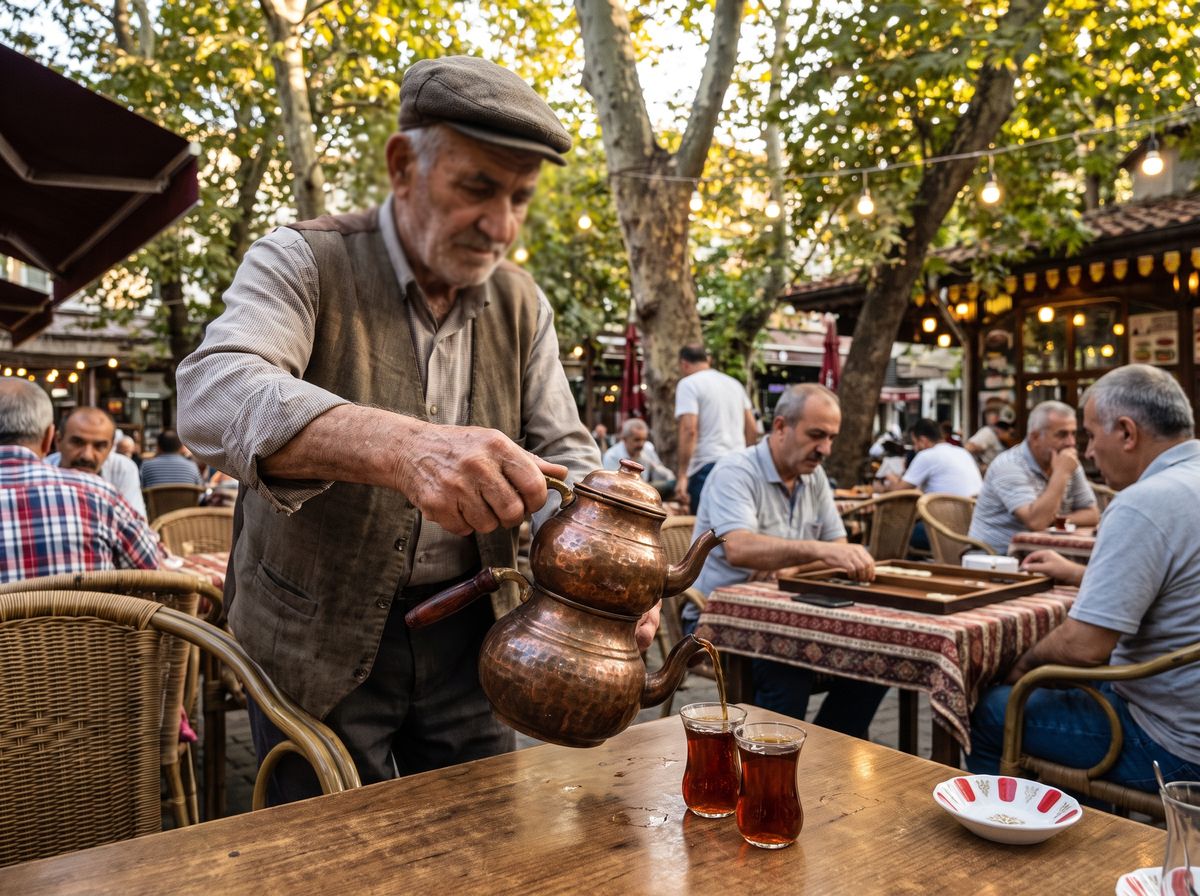 Steaming çay in a tulip shaped glass with two sugar cubes on a saucer at an Istanbul tea garden overlooking the Bosphorus