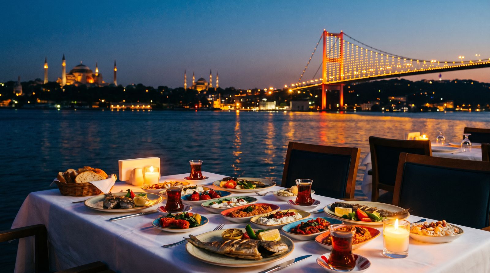 A candlelit waterfront dinner table with Turkish meze on the Bosphorus at dusk